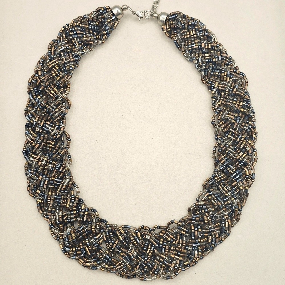 Braid Seed Bead Statement Necklace 21" Torsade Bronze Gold Tones Bib Boho Earthy - Picture 2 of 12